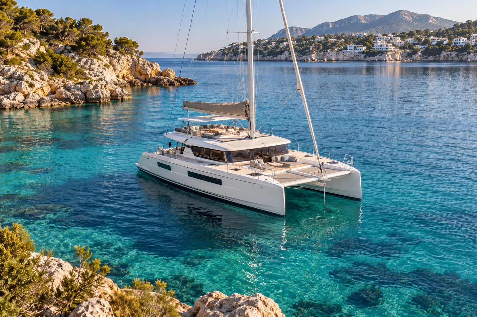 Sailing catamaran at anchor in a turquoise bay